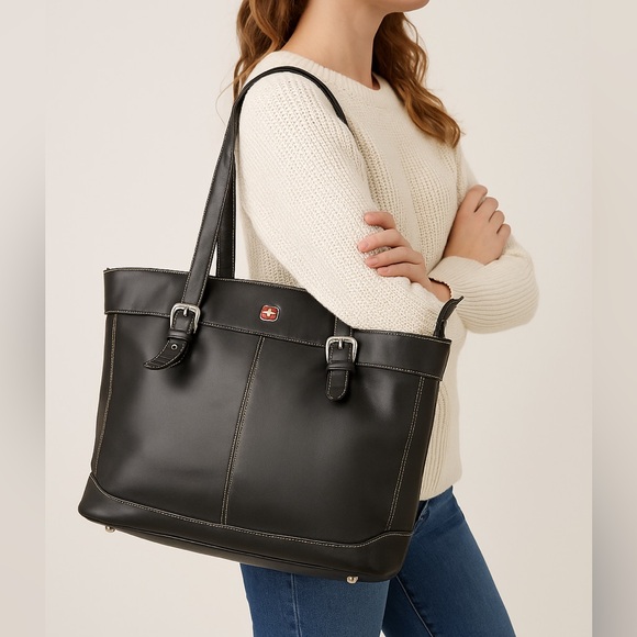 Wenger SwissGear Black Leather Tote Laptop Bag - Picture 1 of 16